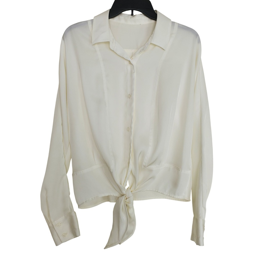 Off White Satin Tie Front Cropped‎ Button Down Blouse Long Sleeve Collared Top